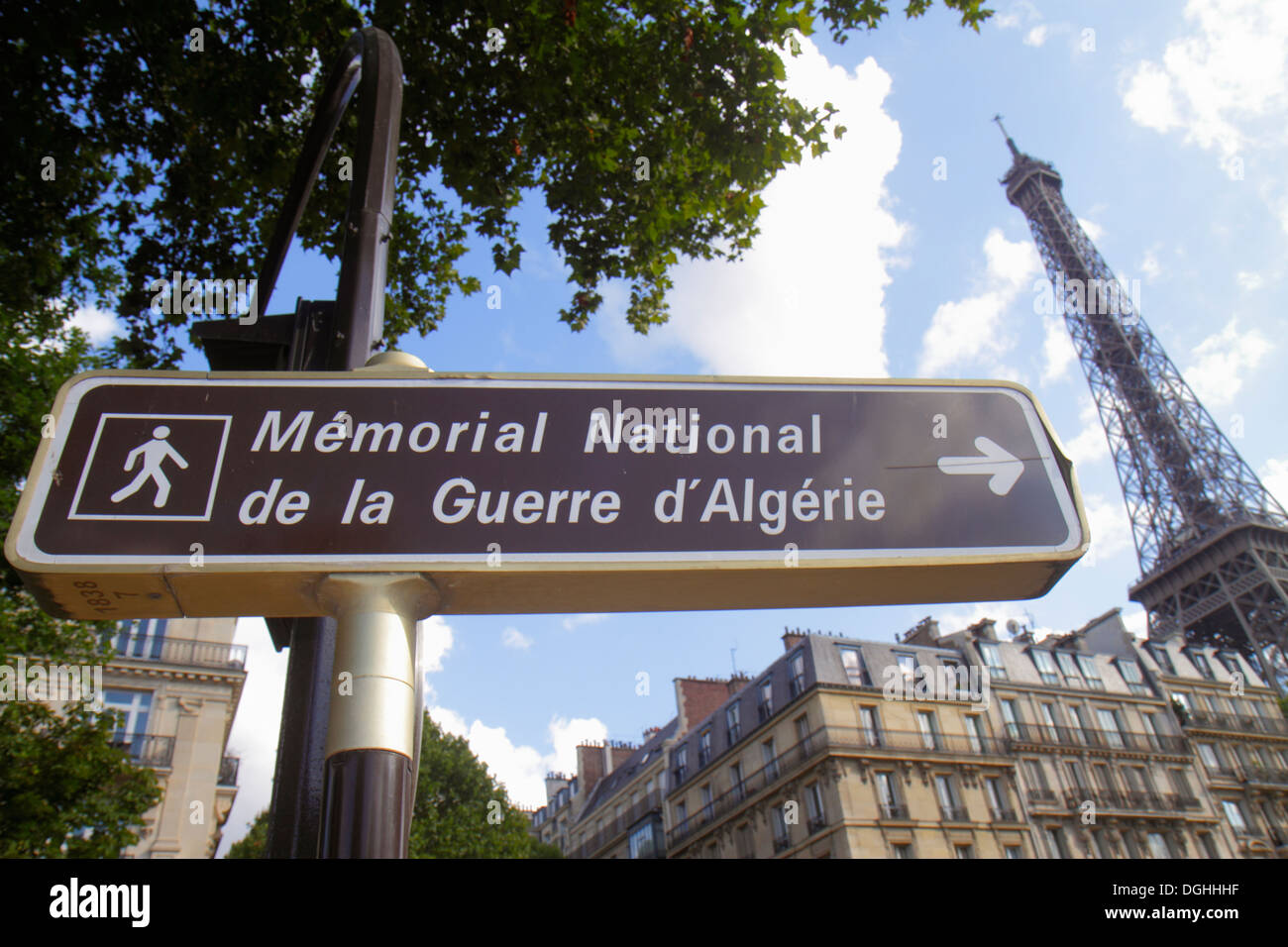 Paris France,7th arrondissement,Quai Branly,sign,Memorial National de la Guerre d'Algerie,National Memorial of the war in Algeria,Eiffel Tower,France1 Stock Photo