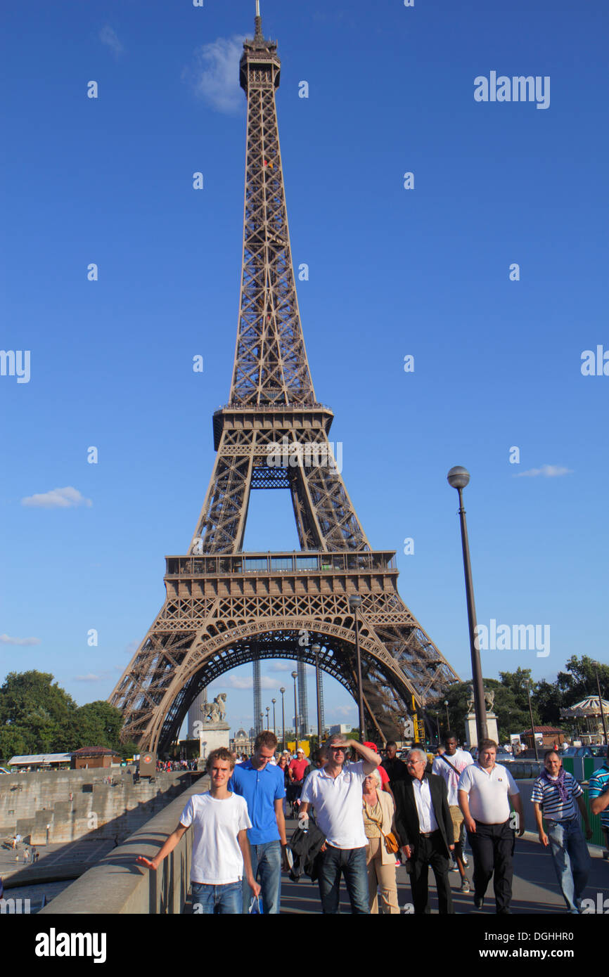 Paris France,Europe,French,Seine River water,Pont d'Iéna,Jena Bridge,Eiffel Tower,visitors travel traveling tour tourist tourism landmark landmarks,cu Stock Photo