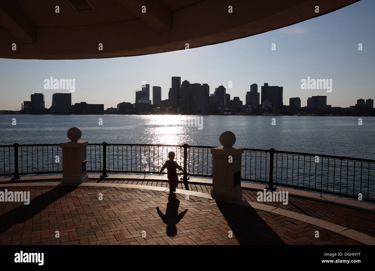 Piers Park on Boston Harbor and city skyline, Boston, Massachusetts, USA Stock Photo