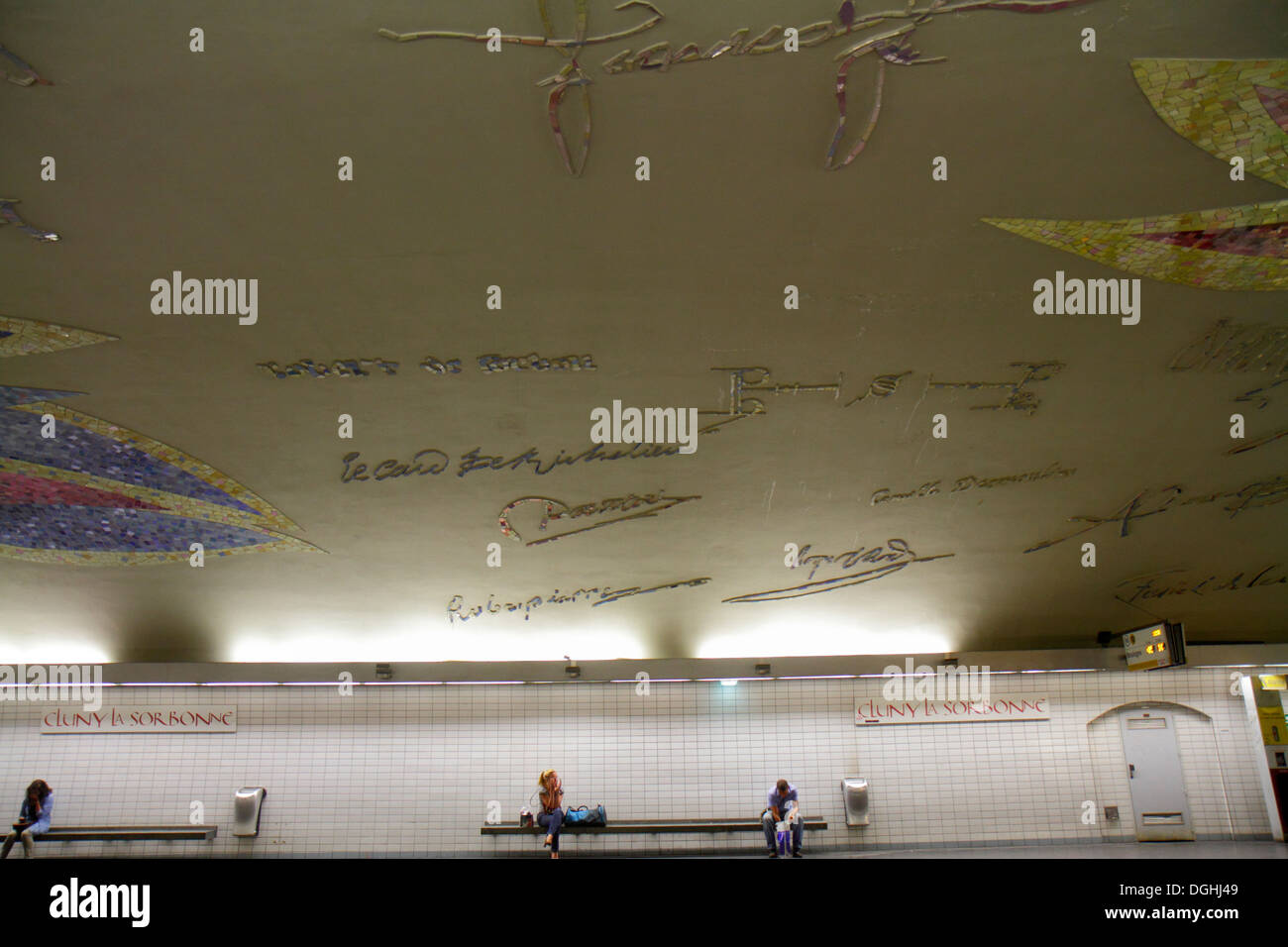 Paris France,5th arrondissement,Cluny La Sorbonne Station Line 10,subway,train,platform,vaulted ceiling,signatures,mosaic frieze art,France130820013 Stock Photo