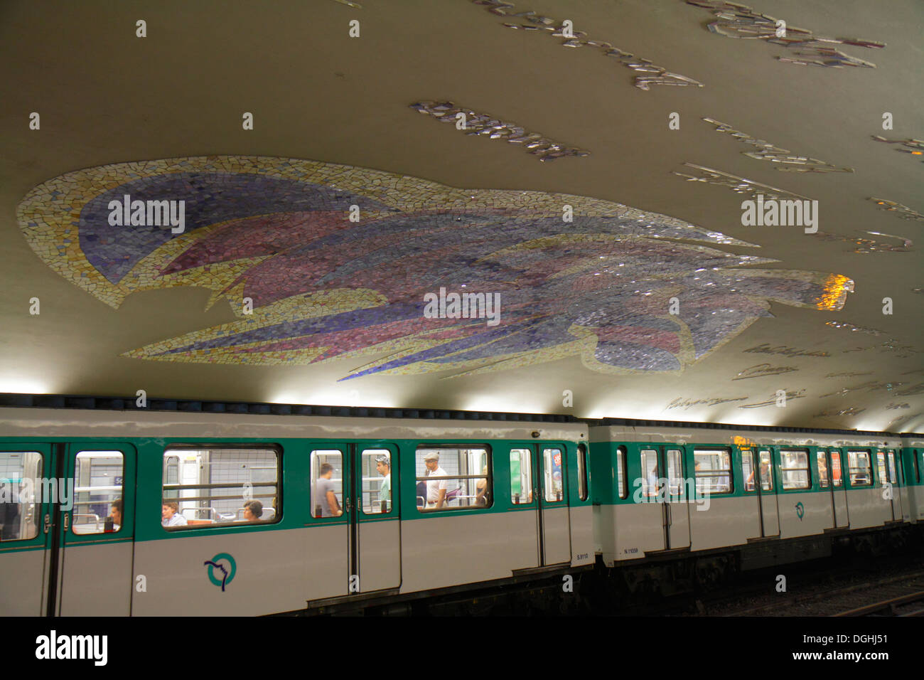Paris France,5th arrondissement,Cluny La Sorbonne Station Line 10,subway,train,platform,vaulted ceiling,signatures,mosaic frieze art,train,France13082 Stock Photo
