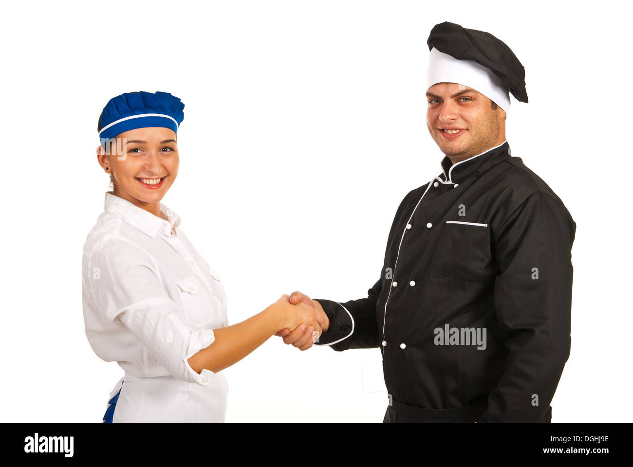 Handshake Chef Chef male and waitress giving handshake isolated on white background ...