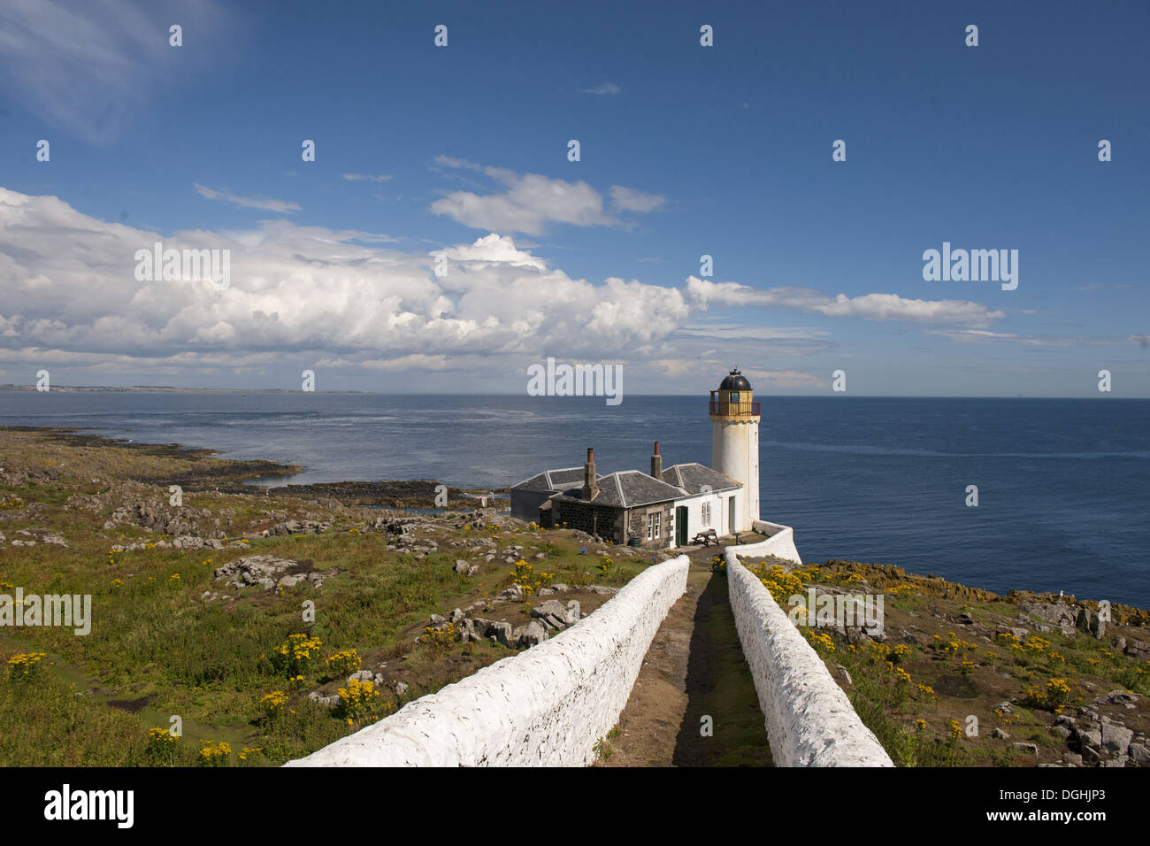 View of coastline and bird observatory housed in former lighthouse, Low Light, Isle of May, Firth of Forth, Scotland, July Stock Photo