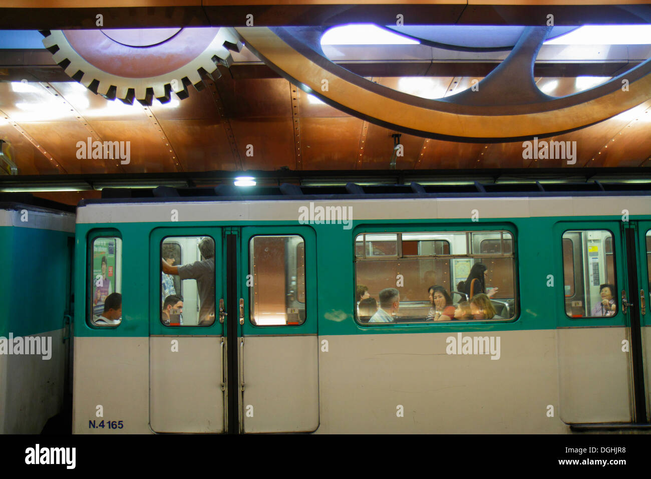 Paris France,3rd arrondissement,Arts et Métiers Metro Station Line 3 11,subway,train,platform,artist François Schuiten steampunk Jules Verne-Nautilus Stock Photo