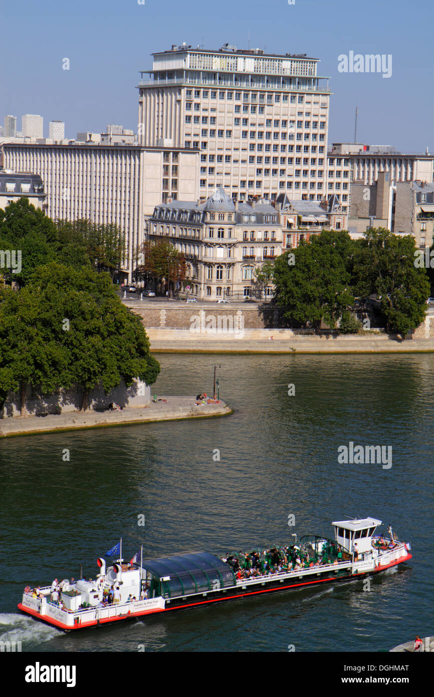 Paris France,5th arrondissement,Arab World Institute,AWI,Institut du Monde Arabe,rooftop terrace,view,Seine River,Bateau Mouche,cruise boat,city skyli Stock Photo