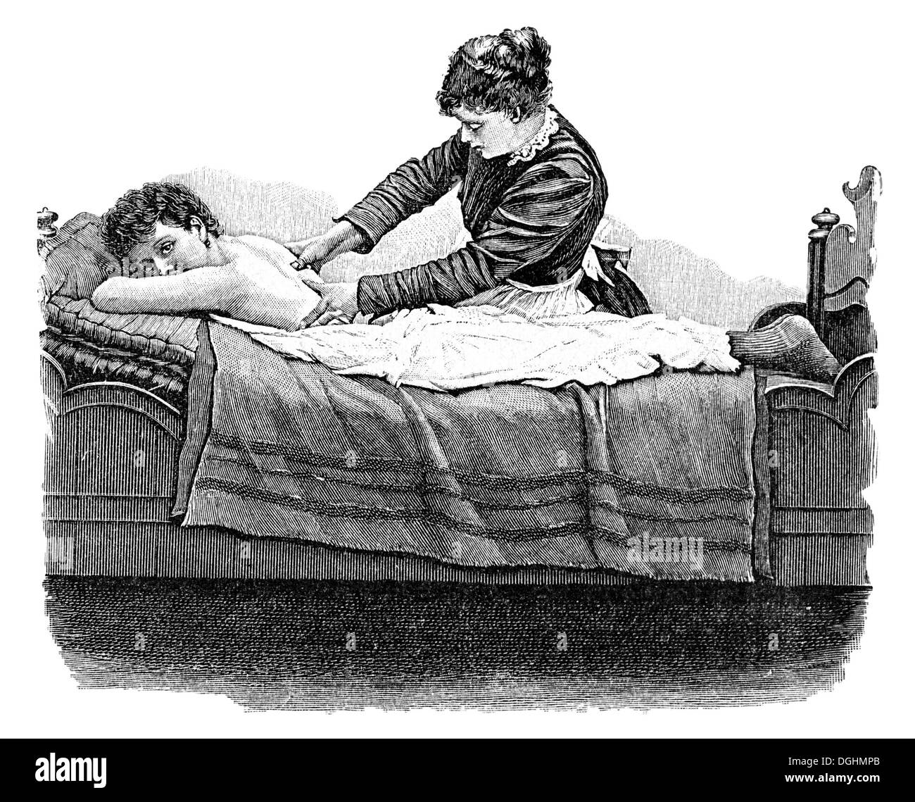 Back massage, historical illustration from: Anna Fischer Dueckelmann, Woman as the Family Doctor, 2 Edition, Stuttgart, 1907 Stock Photo