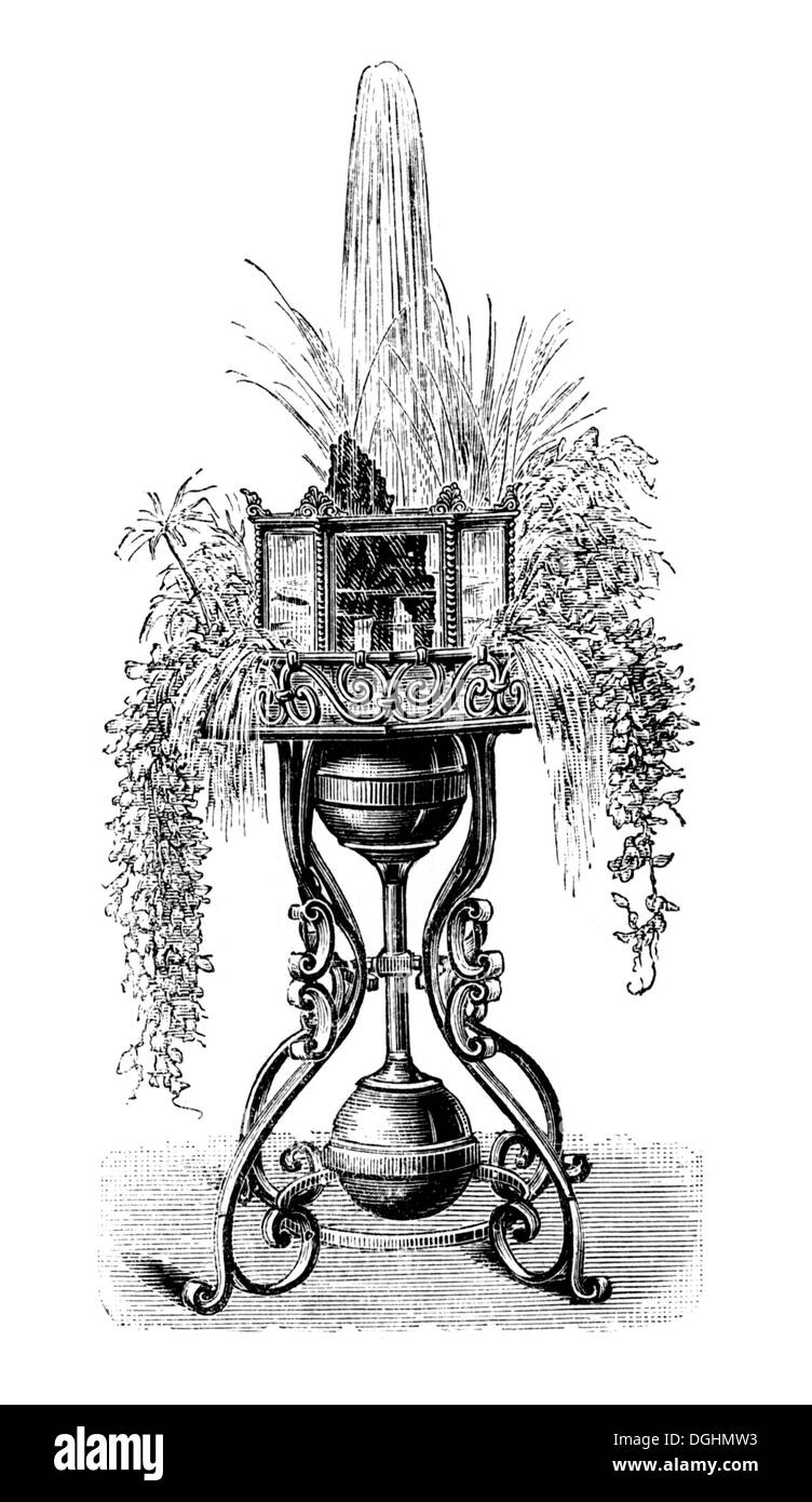 Flower table with an automatic fountain and an octagonal aquarium, historical illustration, Theodor Lange Stock Photo