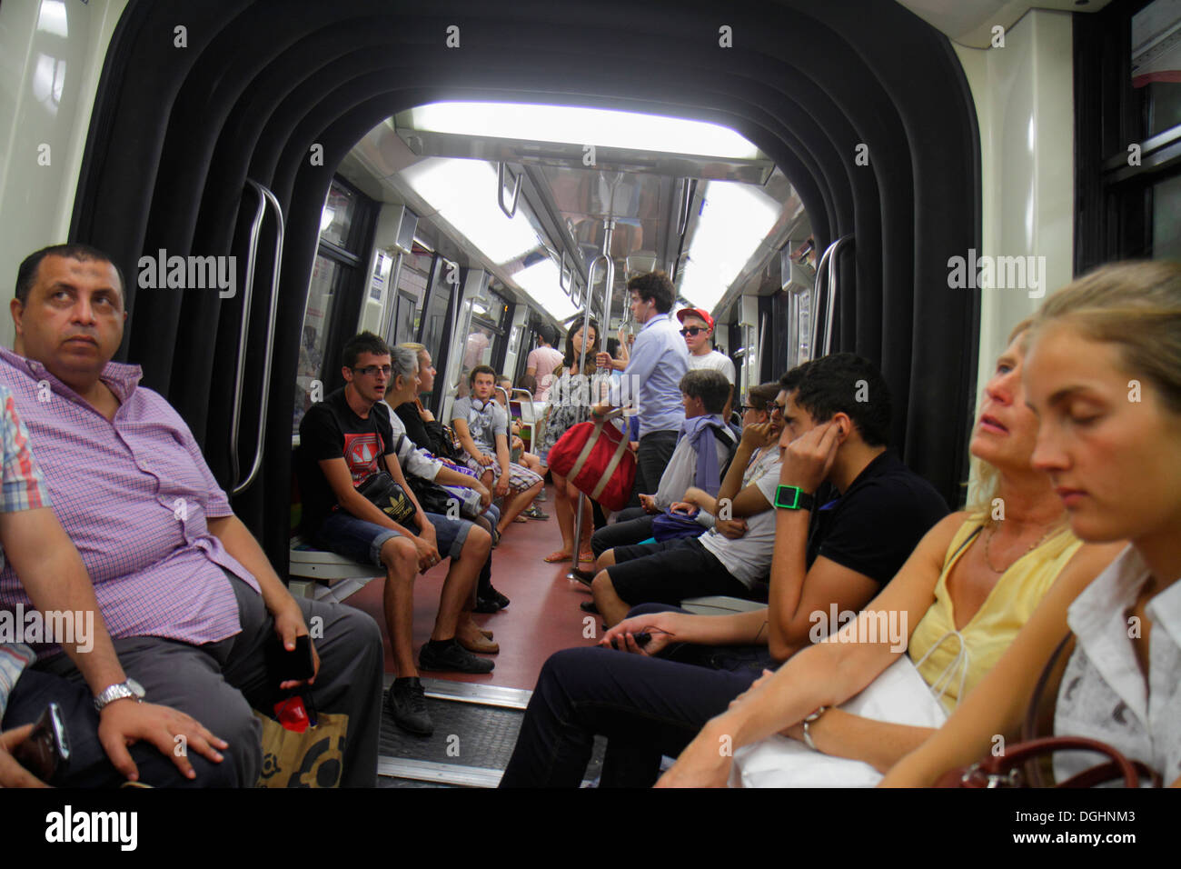 Paris France,Europe,French,1st arrondissement,Palais Royal - Musée du Louvre Metro Station Line 1 7,subway,train,public transportation,passenger cabin Stock Photo