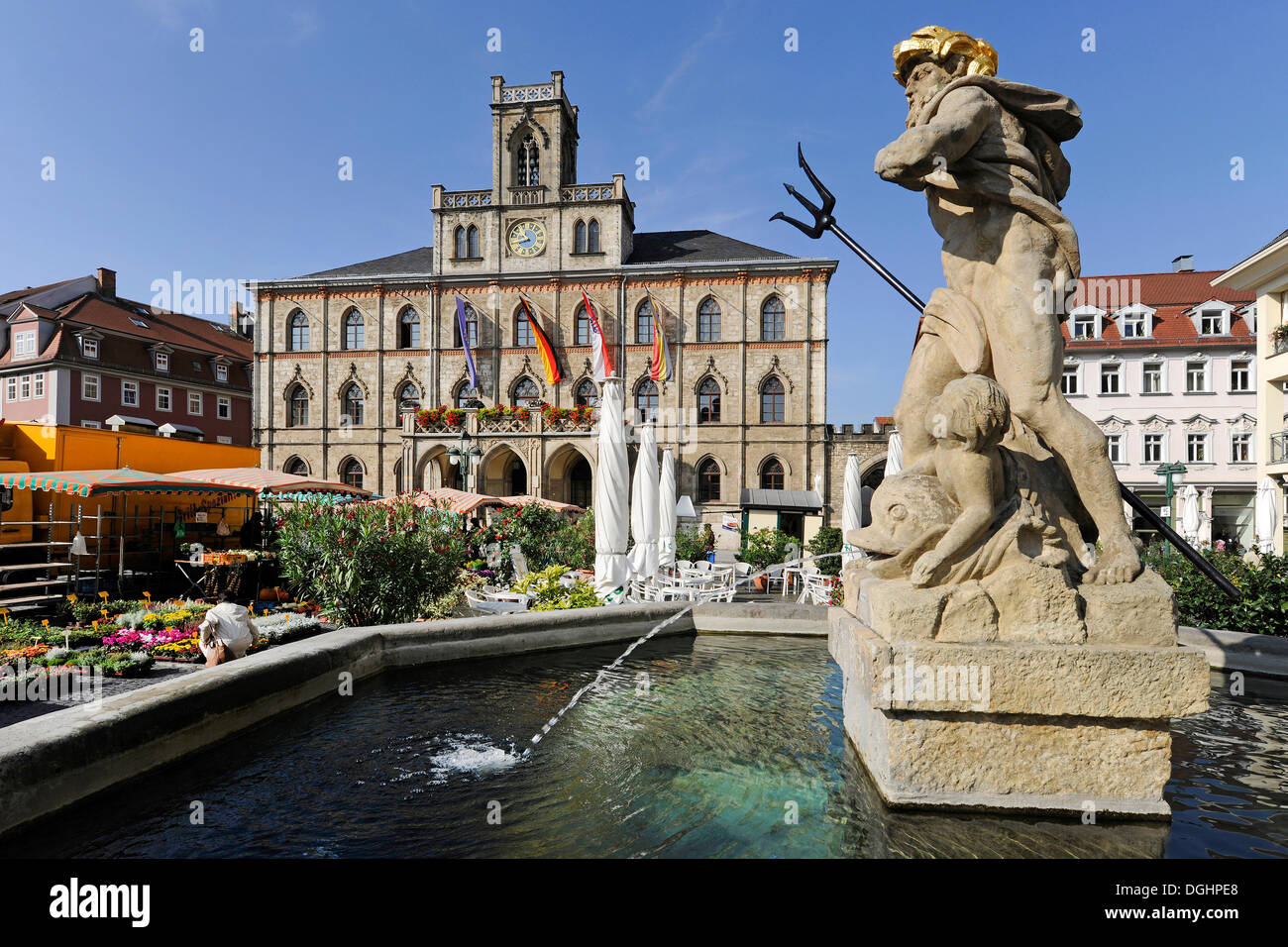 Marktplatz square with a fountain and the Town Hall, Weimar, Thuringia, Germany Stock Photo