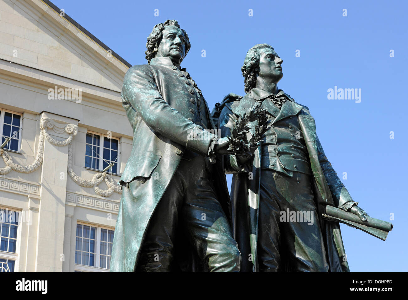 Goethe-Schiller Monument, Weimar, Thuringia, Germany Stock Photo