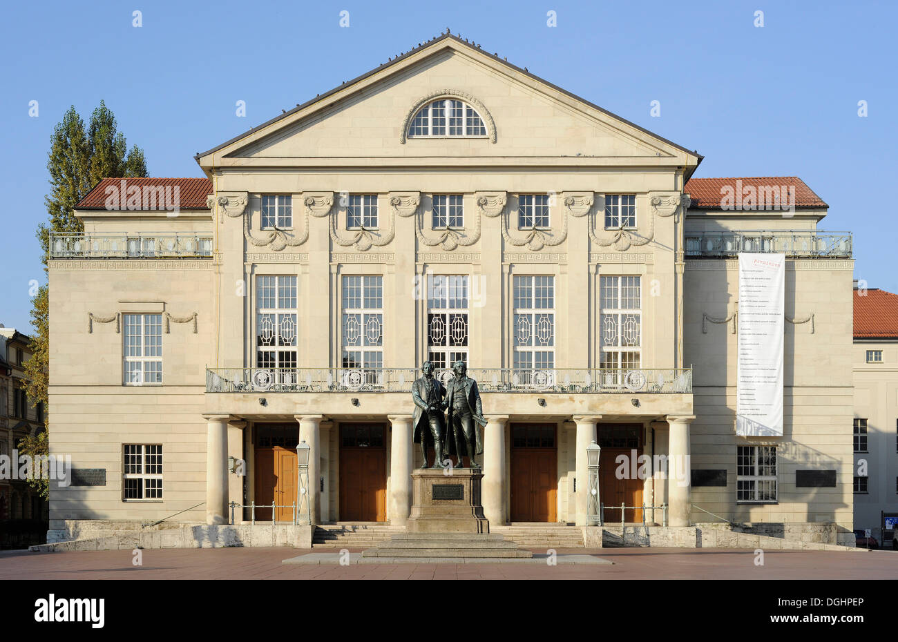 German National Theatre, Goethe-Schiller Monument, Weimar, Thuringia, Germany Stock Photo