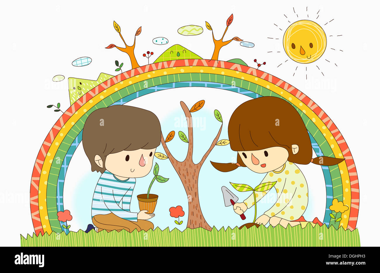 illustration of a boy and a girl planting a tree Stock Photo - Alamy