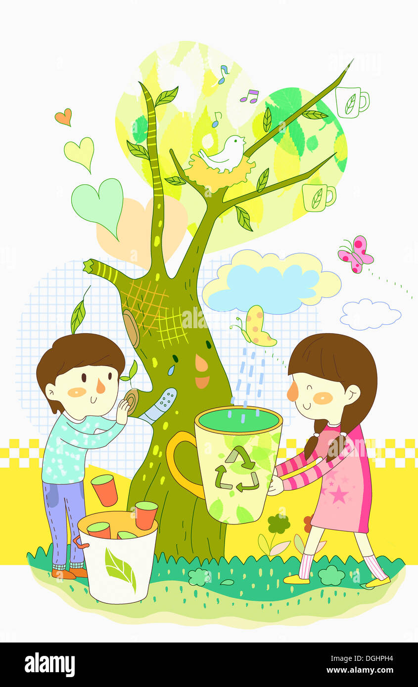 illustration of a boy and a girl under a tree Stock Photo