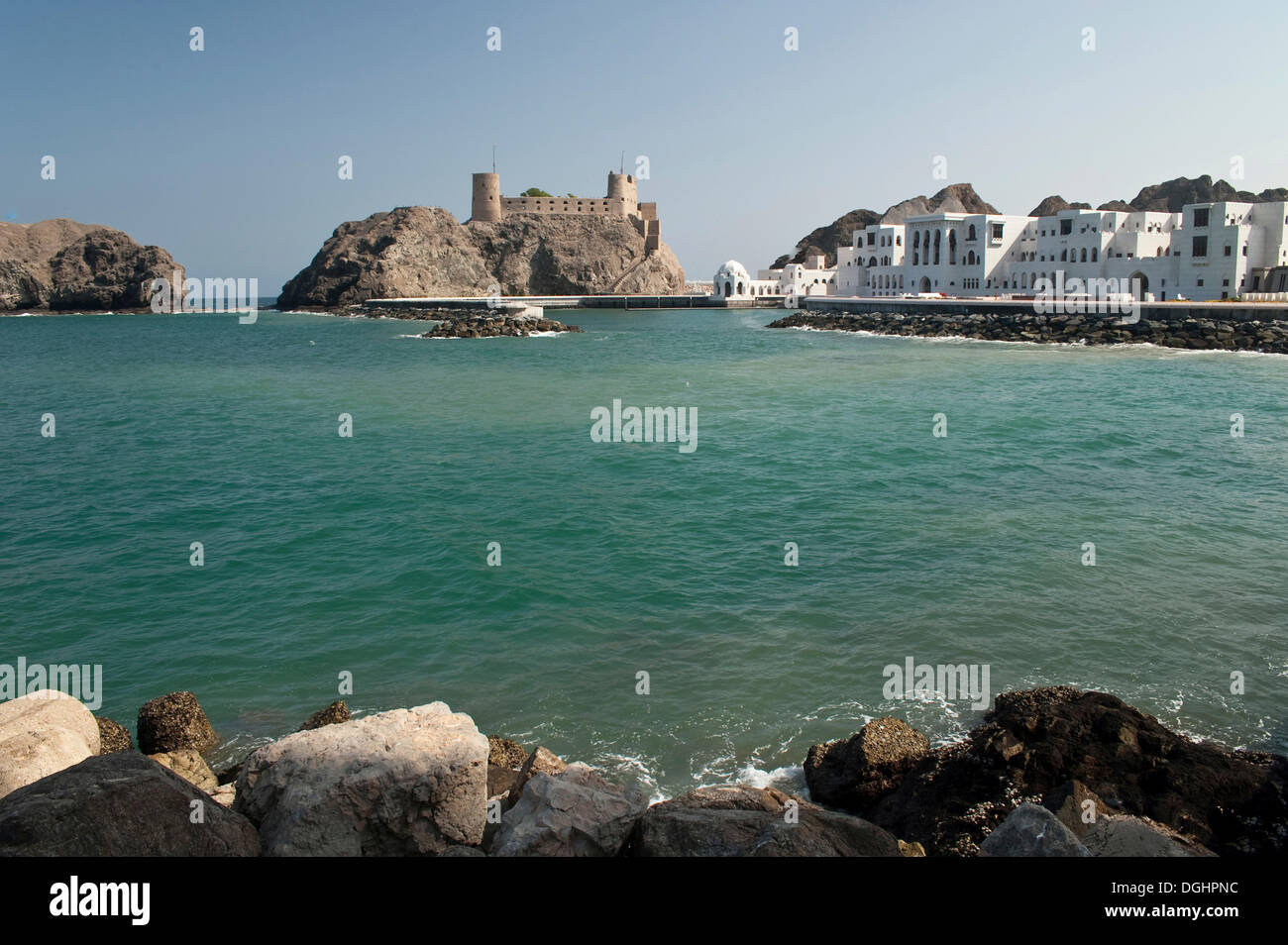 View of Fort Jalali and part of the Government Palace, Muscat, Oman, Middle East Stock Photo