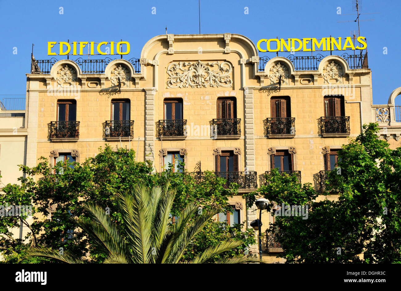 Facade of the Edificio Condedeminas on Paseo de Colón at the Old Port, Barcelona, Spain, Iberian Peninsula, Europe Stock Photo