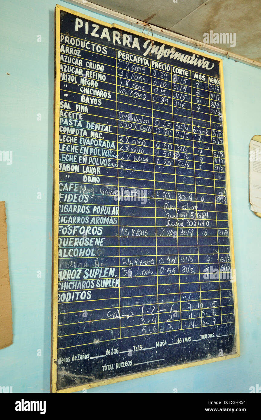 Blackboard with goods on offer in a bodega, a government store which trades food items for ration coupons, Baracoa, Cuba Stock Photo