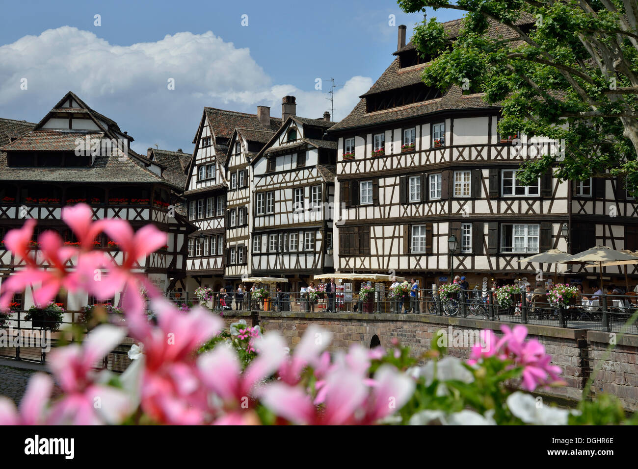 Half-timbered houses on the Ill river, tanners' quarter, Petite France, Strasbourg, Alsace, France, Europe Stock Photo