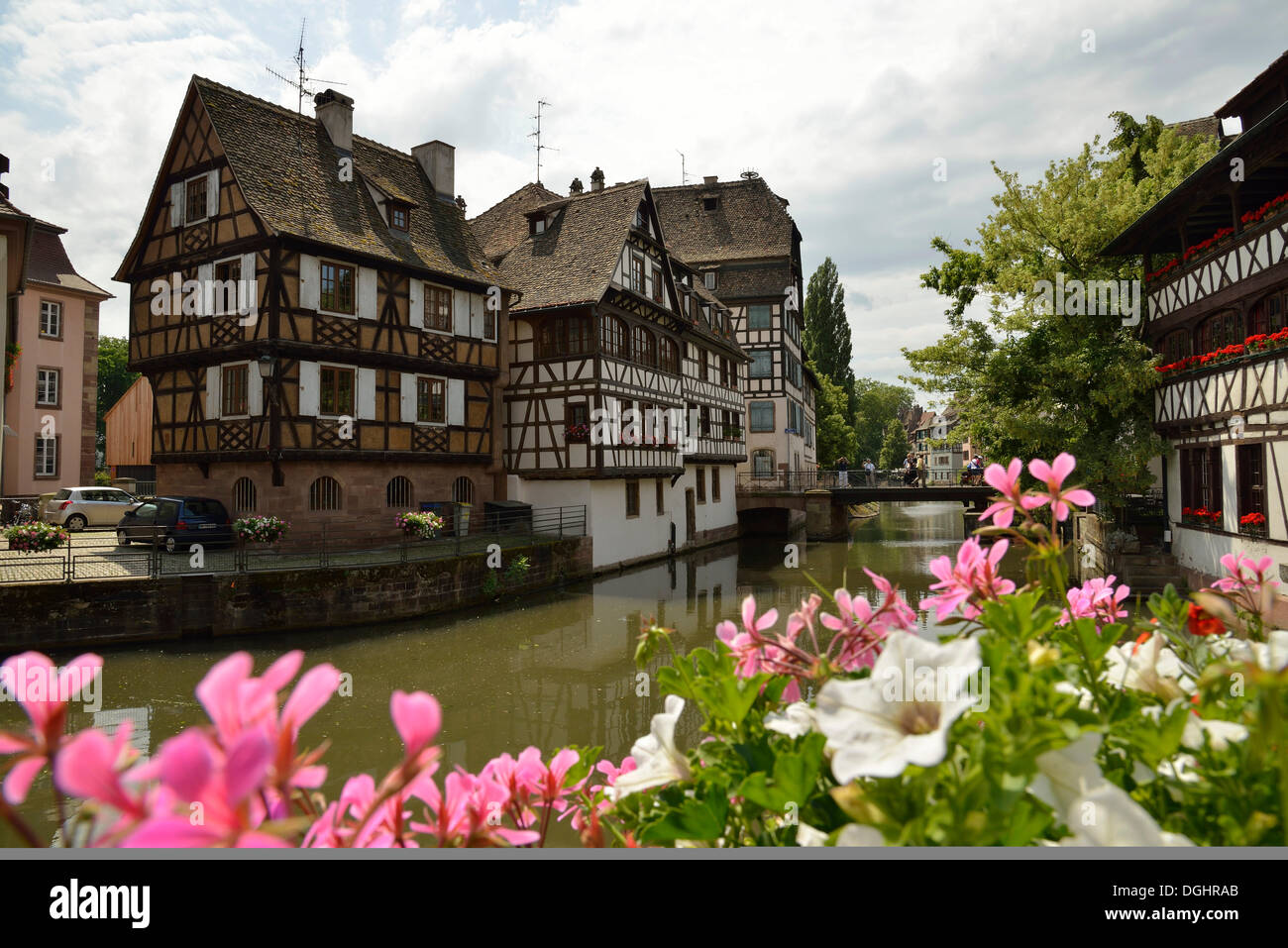 Half-timbered houses on the Ill river, tanners' quarter, Petite France, Strasbourg, Alsace, France, Europe Stock Photo