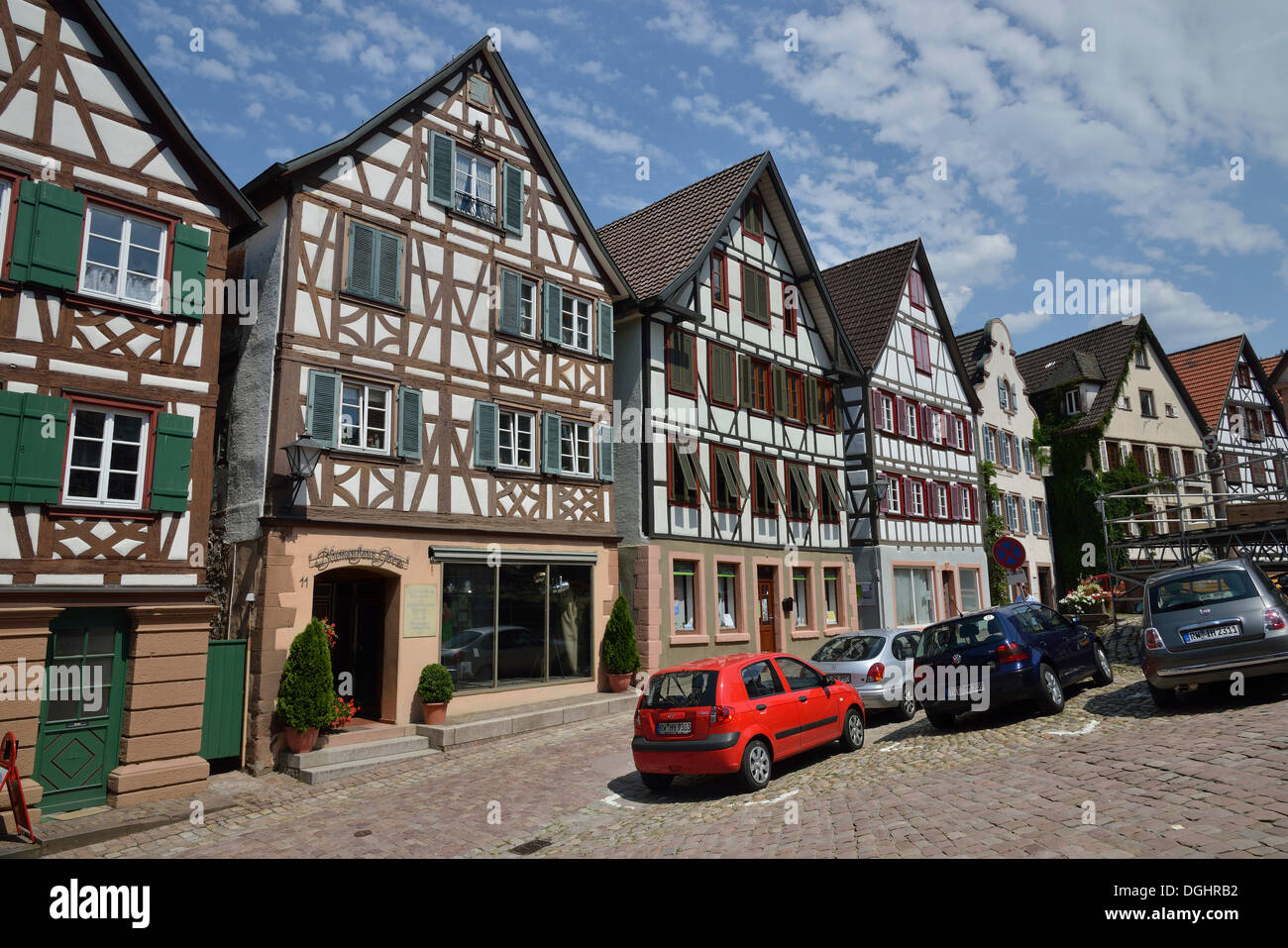 Heritage-protected facades of half-timbered houses on Marktplatz square, Schiltach, Kinzigtal valley, Black Forest Stock Photo