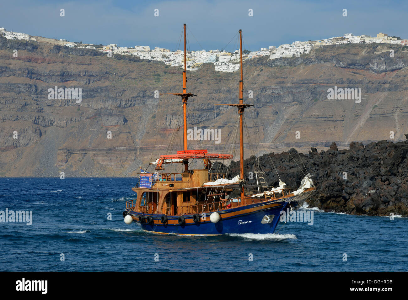 Sailing ship 'Jason' sailing in the Caldera, Santorini, Cyclades, Greek Islands, Greece, Europe Stock Photo