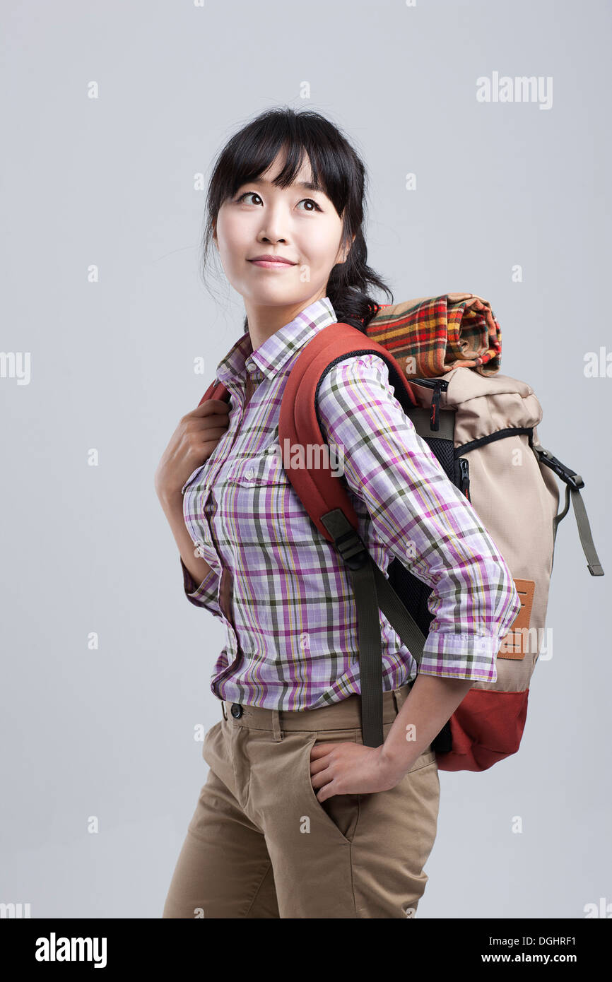 Asian woman smile face hiking hi-res stock photography and images - Alamy