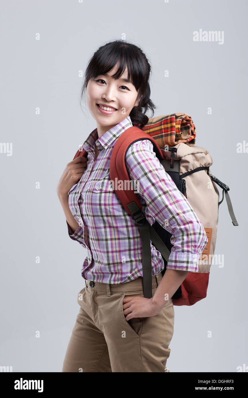 Asian woman smile face hiking hi-res stock photography and images - Alamy