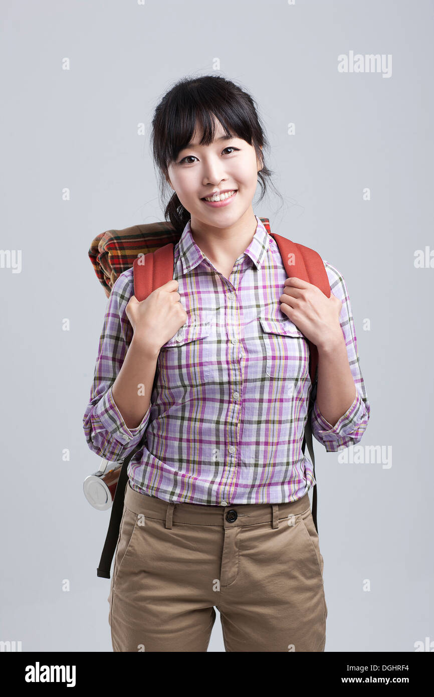 Asian woman smile face hiking hi-res stock photography and images - Alamy