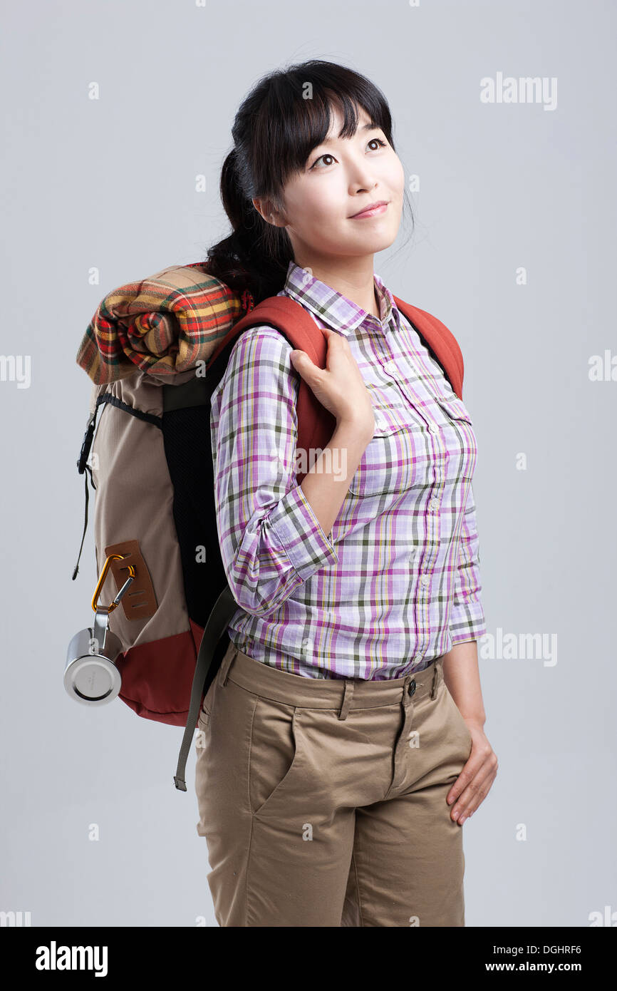 Asian woman smile face hiking hi-res stock photography and images - Alamy