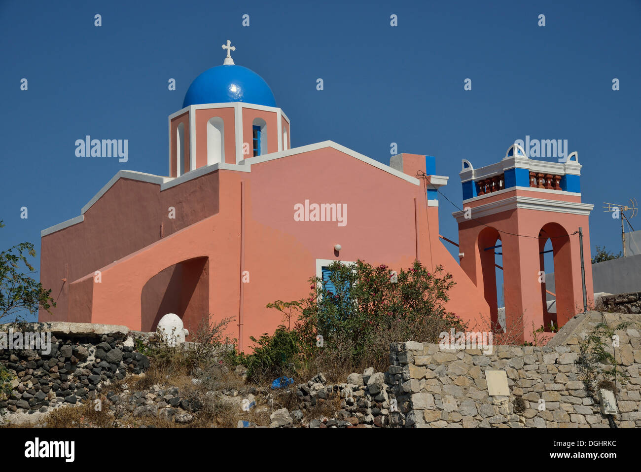 Church with a blue dome, typical Cycladic architecture, Oía, Santorini, Cyclades, Greek Islands, Greece, Europe Stock Photo