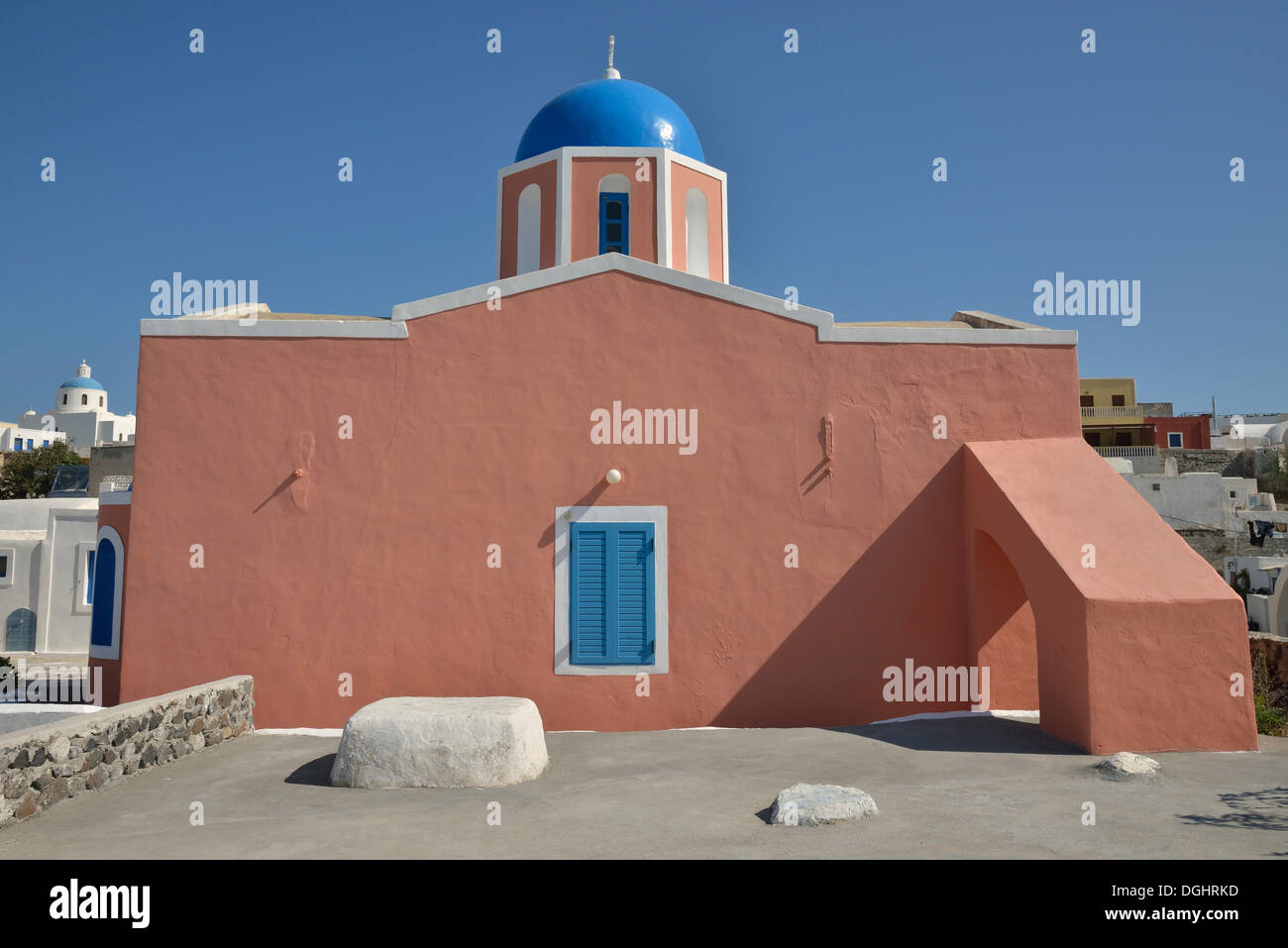 Church with a blue dome, typical Cycladic architecture, Oía, Santorini, Cyclades, Greek Islands, Greece, Europe Stock Photo