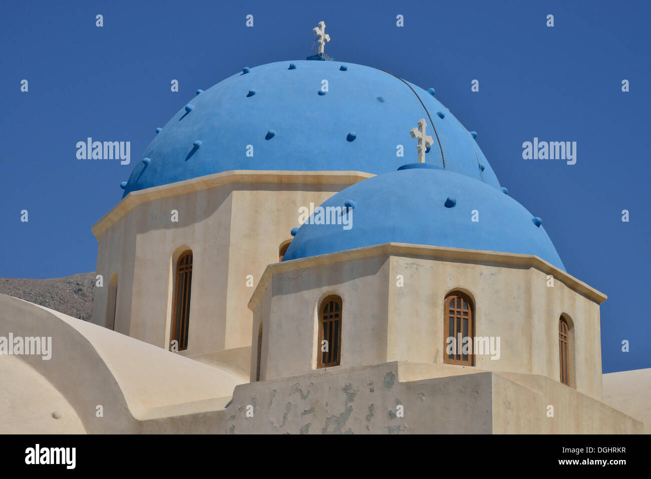 Blue domes of the Tímios Stavrós Church, Períssa, Santorini, Cyclades, Greek Islands, Greece, Europe Stock Photo