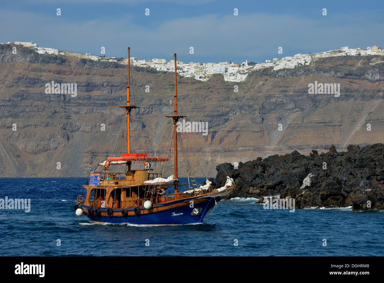 Sailing ship &quot;Jason&quot; in the caldera, Santorin, Cyclades, Greece Stock Photo