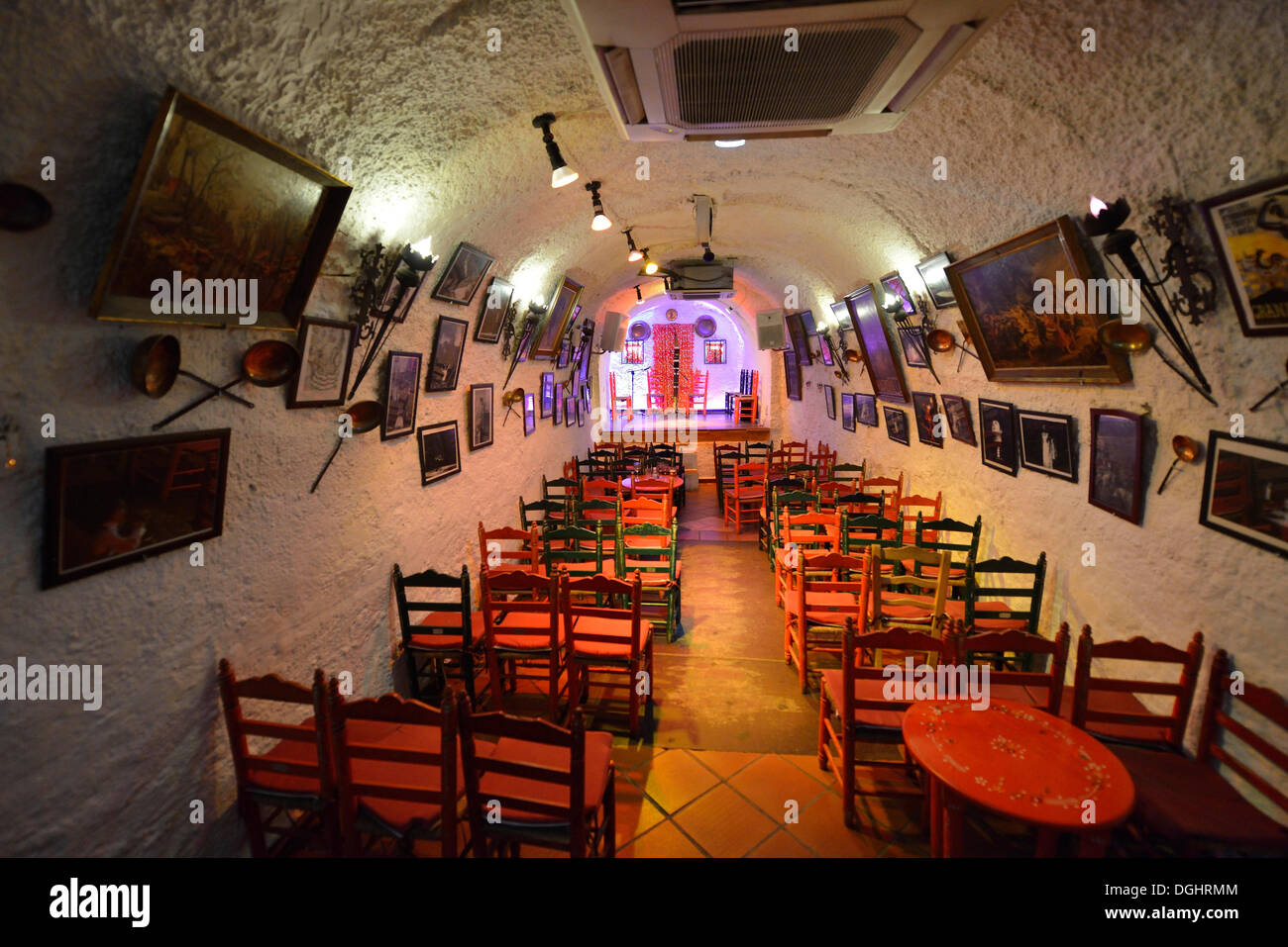 Stage in a former cave home, Los Tarantos flamenco club, Sacromonte, Granada, Granada province, Andalusia, Spain Stock Photo
