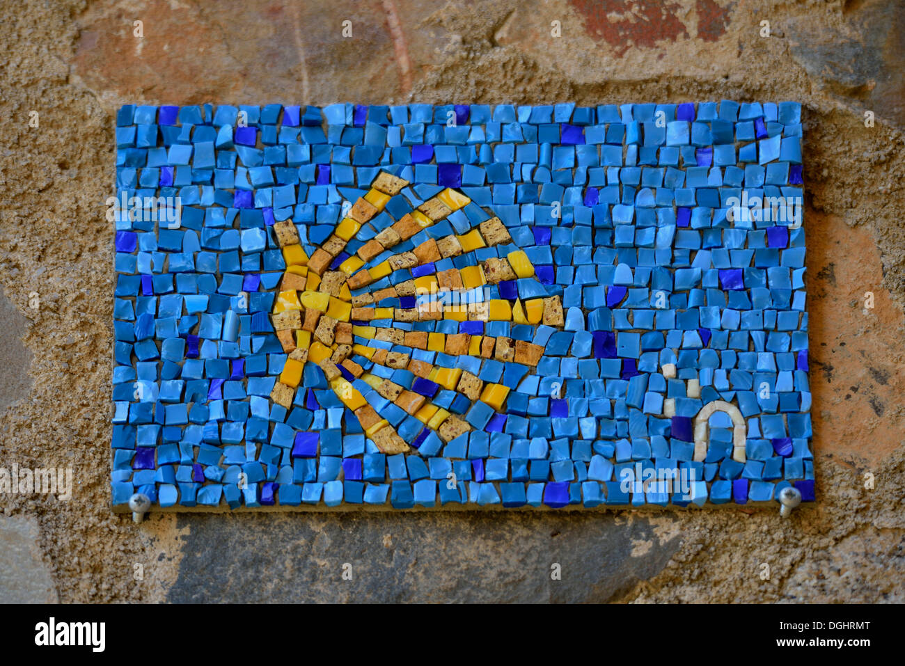Wall mosaic, Camino de Santiago, Way of St James, Cáceres, Spain Stock Photo