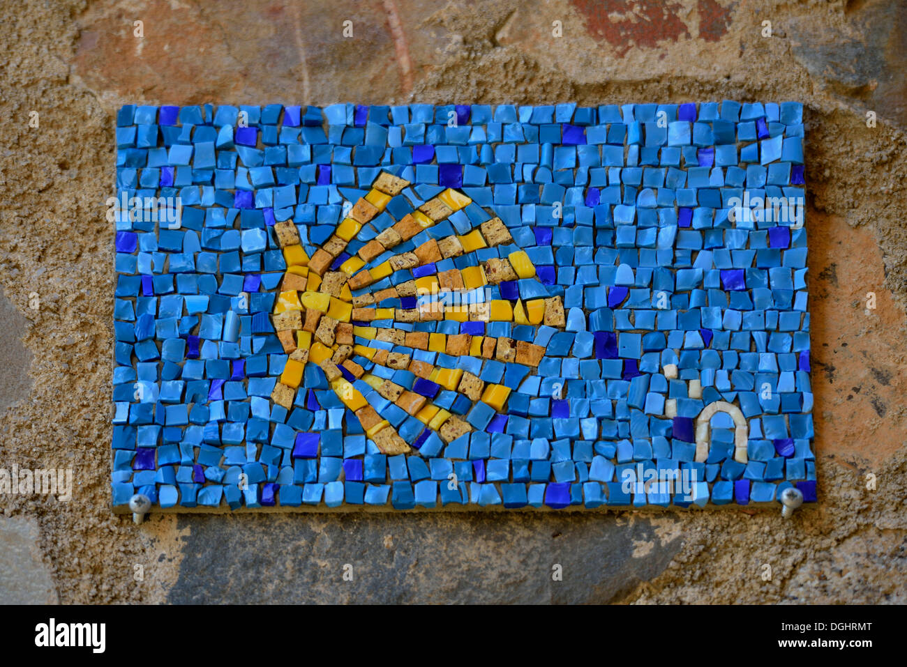Wall mosaic, Camino de Santiago, Way of St James, Cáceres, Spain Stock