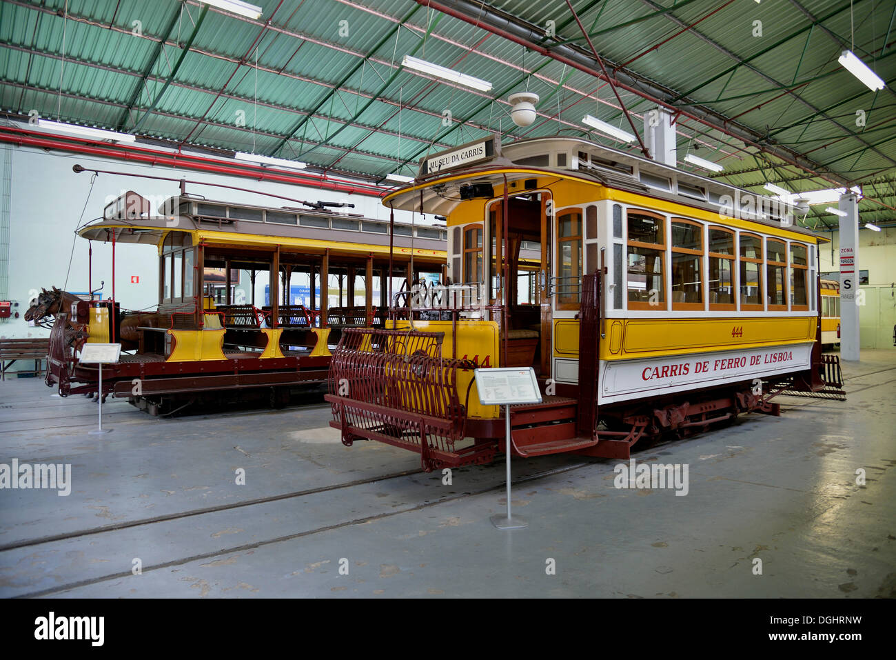 Old trams in the Museu da Carris tram museum, Lisbon, Portugal Stock Photo