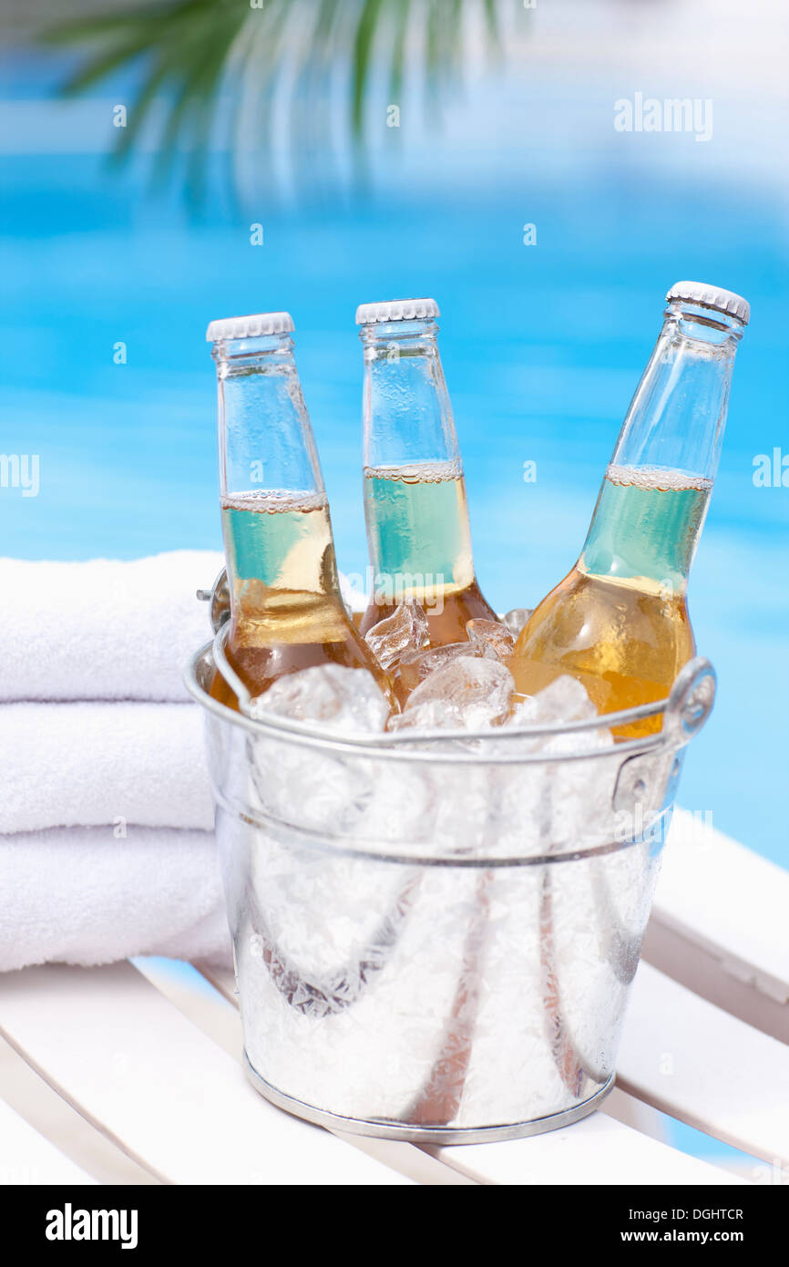 several beers in a bucket of ice next to a pool Stock Photo Alamy