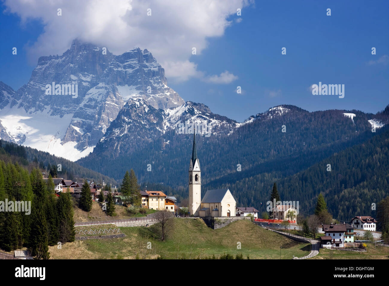 Church of Selva Di Cadore and Monte Pelmo peak, Colle Santa Lucia, Dolomites, Italy, Europe Stock Photo