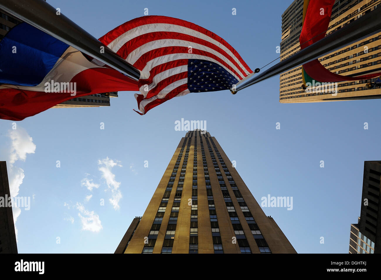 View of Rockefeller Center, Rockefeller Plaza, with an American national flag, Manhattan, New York, USA Stock Photo