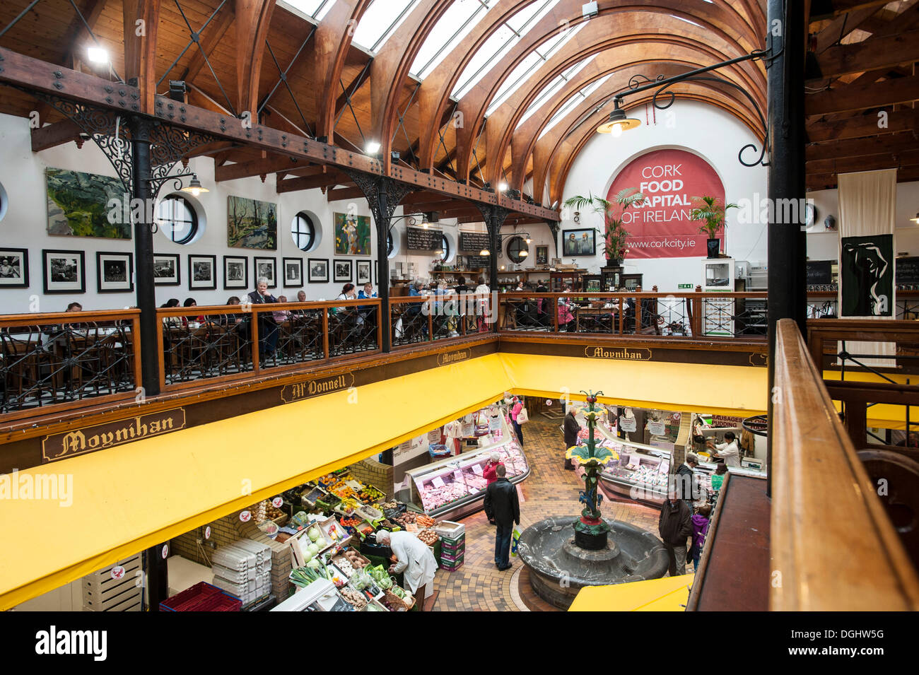 The English Market market hall with a café on the gallery, Cork, County Cork, Ireland, Europe Stock Photo