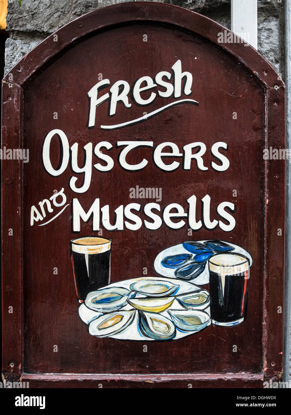 Sign, Fresh Oysters and Mussells, Galway, County Galway, Republic of Ireland, Europe, PublicGround Stock Photo
