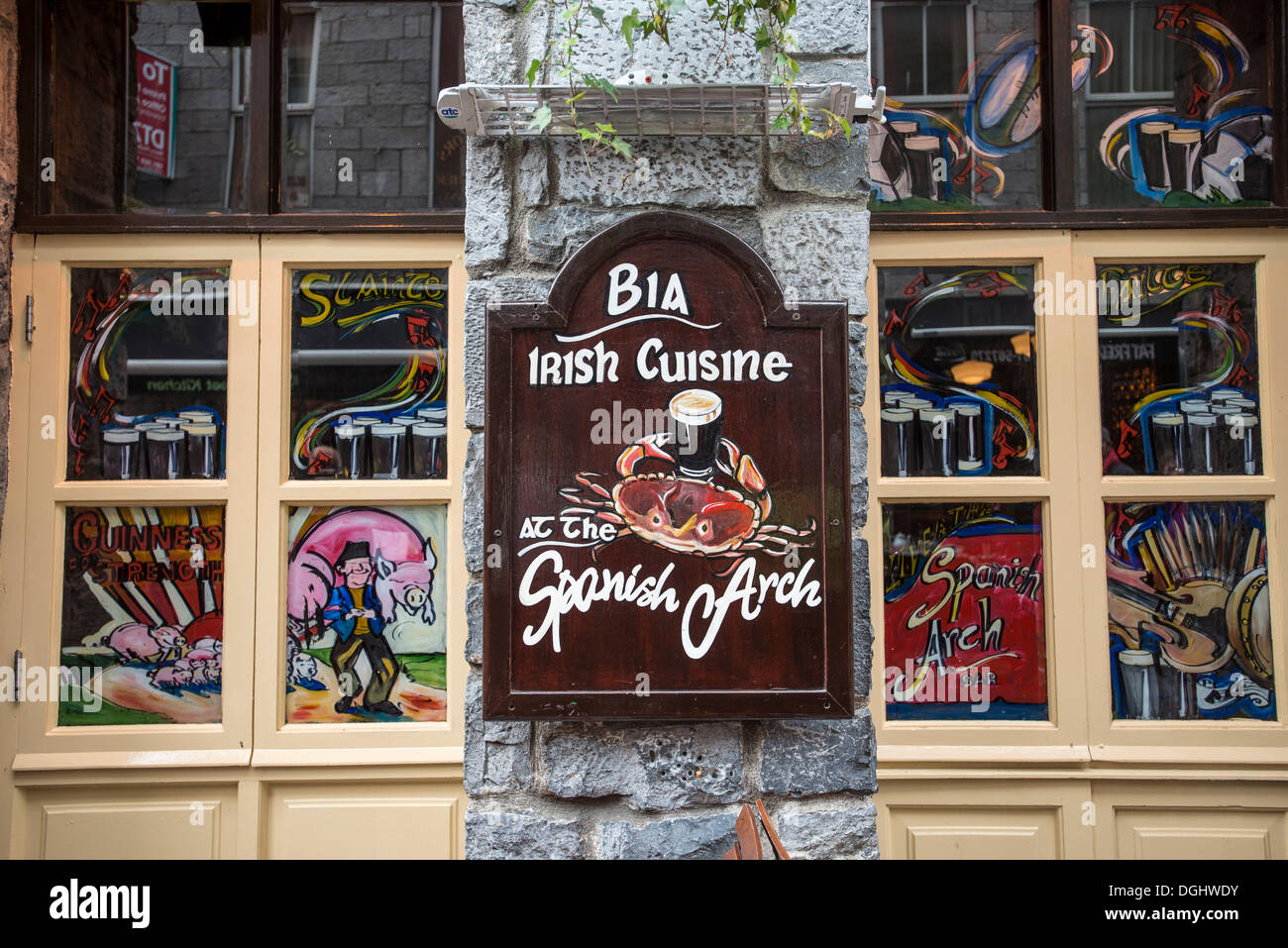 Sign, Irish Cuisine at the Spanish Arch pub, Galway, County Galway, Republic of Ireland, Europe, PublicGround Stock Photo