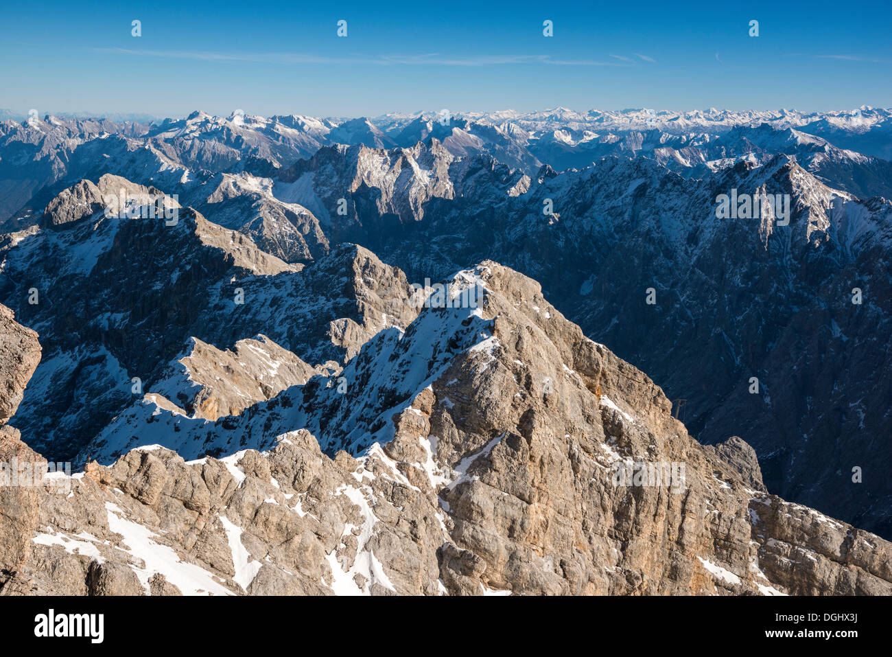 View from Mount Zugspitze to the Eastern Alps, Garmisch-Partenkirchen, Grainau, Upper Bavaria, Bavaria, Zugspitze Stock Photo