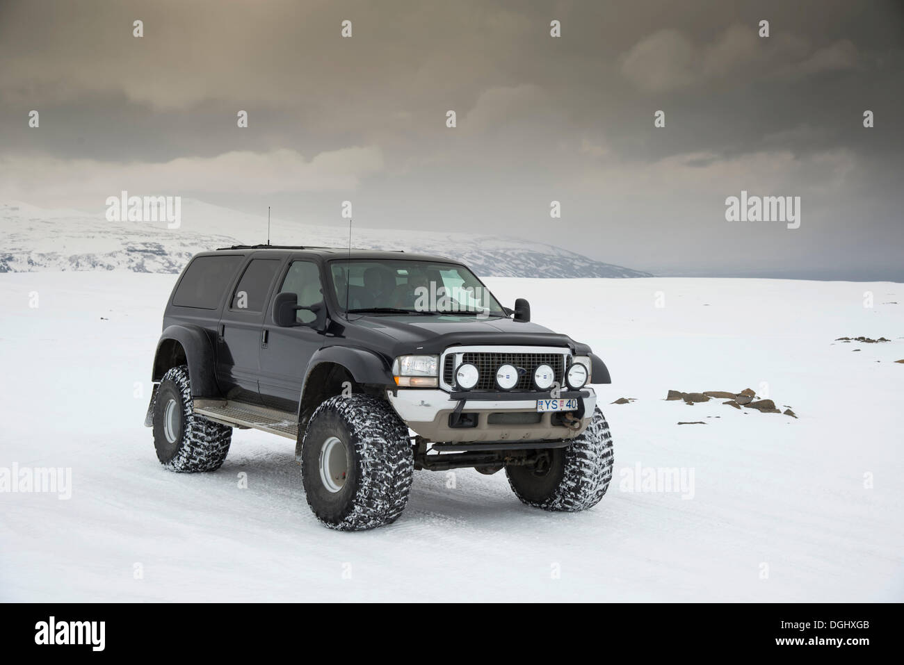 Super Jeep in the highlands, Langjökull, Southern Region, Iceland Stock Photo