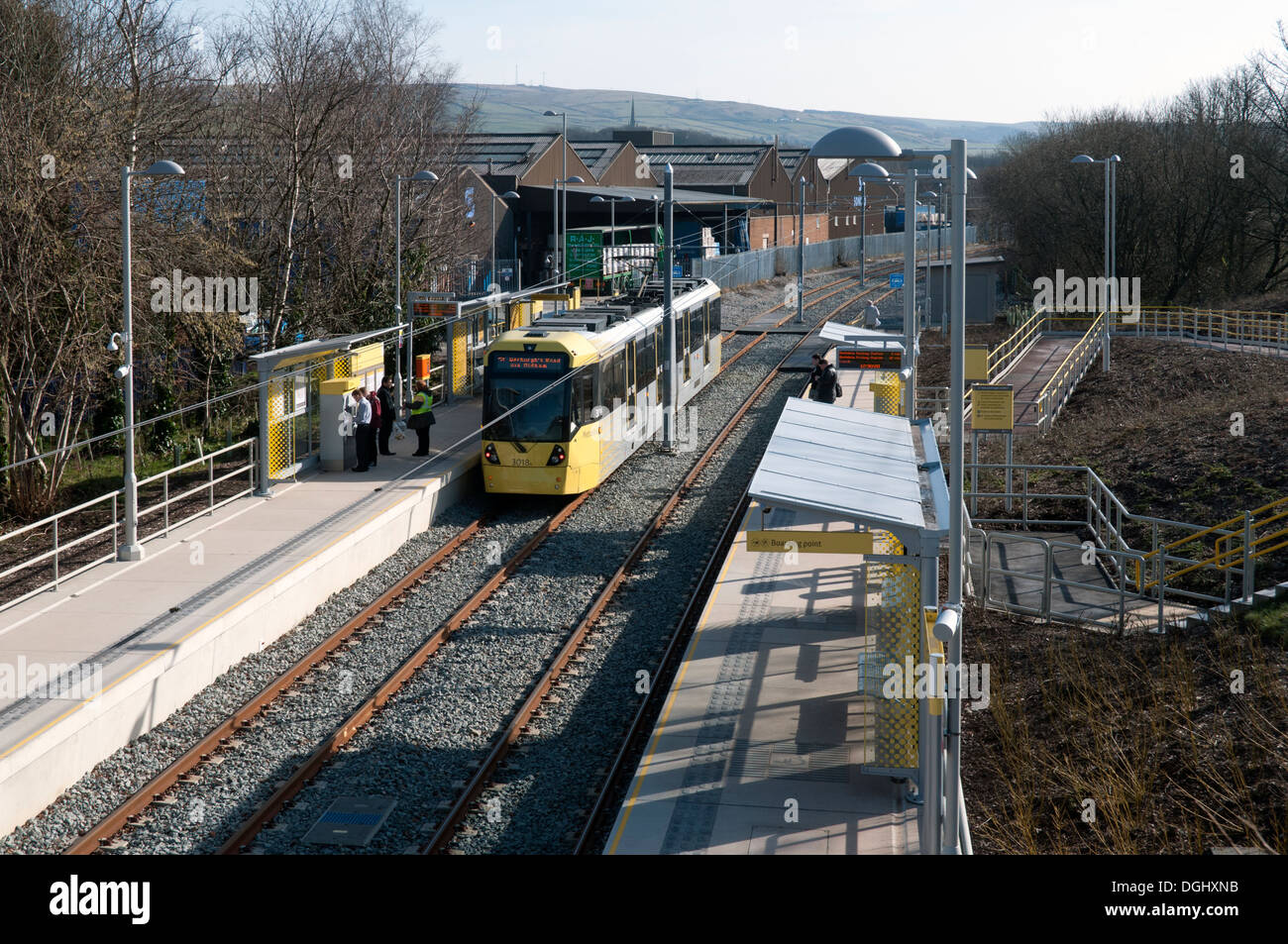 Metrolink tram at the Milnrow stop, on the OldhamRochdale line