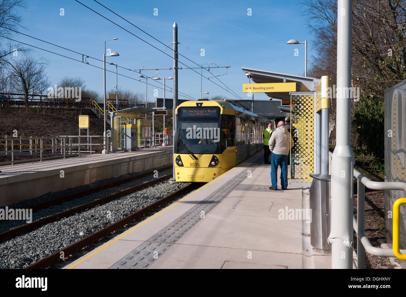 Metrolink tram at the Milnrow stop, on the Oldham-Rochdale line ...