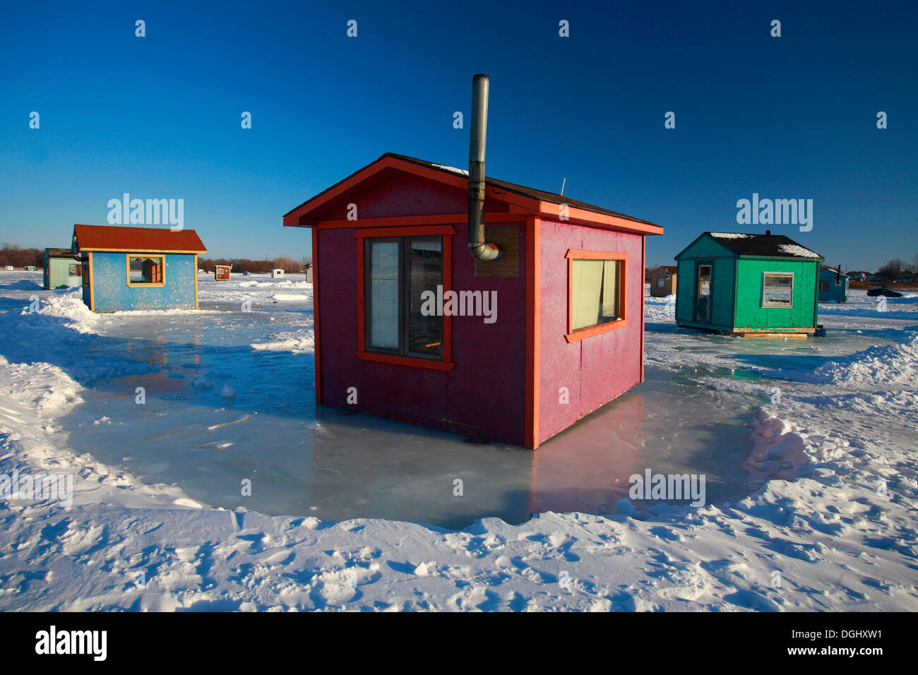 Ice fishing huts on the Saint Lawrence River, Quebec, Canada Stock