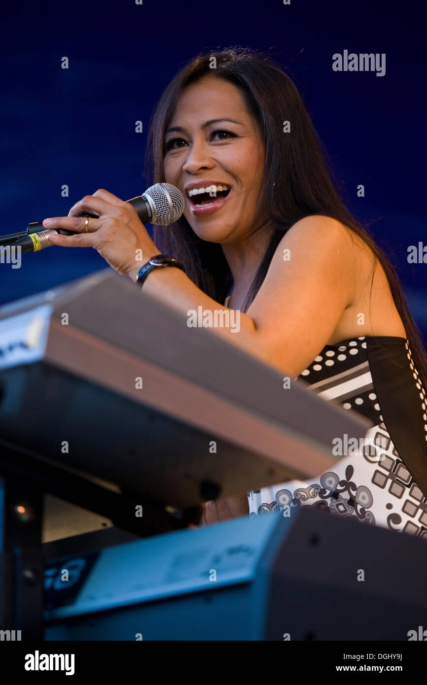 US jazz, funk and r&b musician RAD, Rose Ann Dimalante, live at the Blue Balls Festival pavilion on the lake in Lucerne Stock Photo