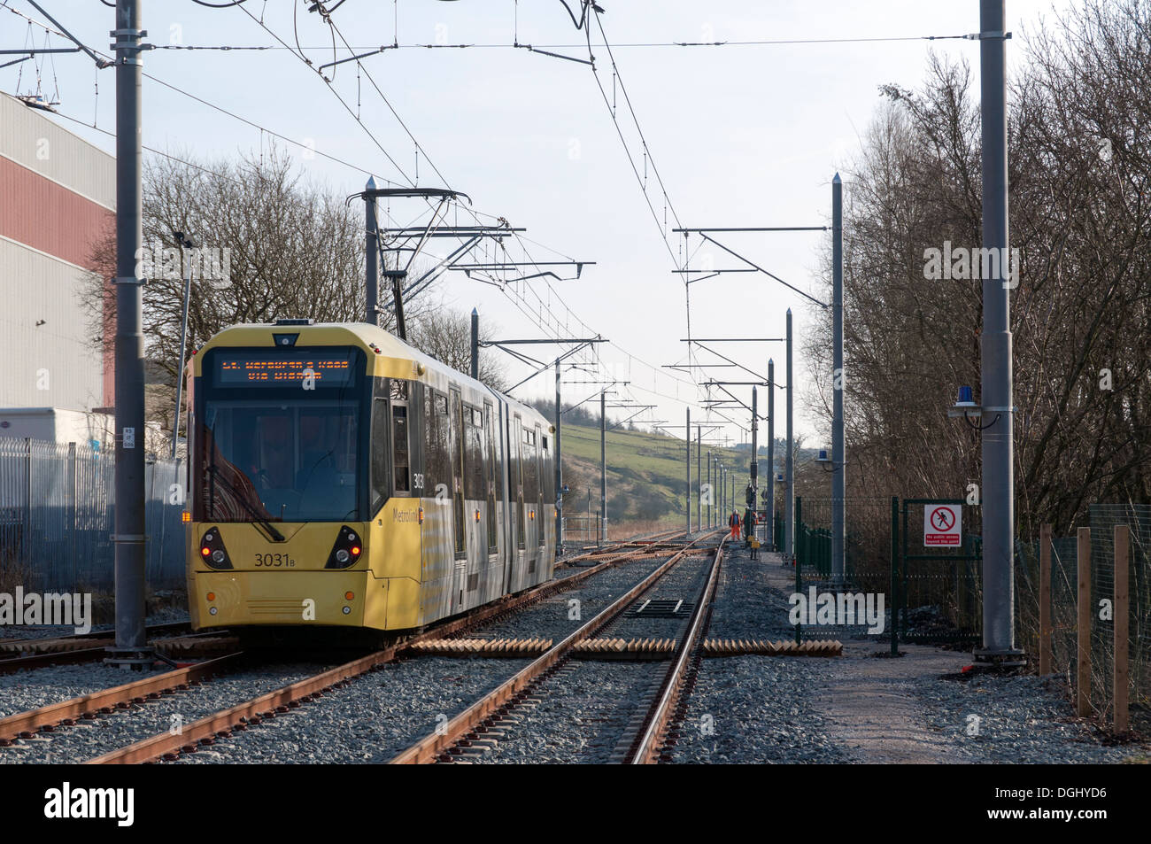 Metrolink tram near the Shaw & Crompton Metrolink stop, Shaw, Oldham, Greater Manchester, England, UK Stock Photo