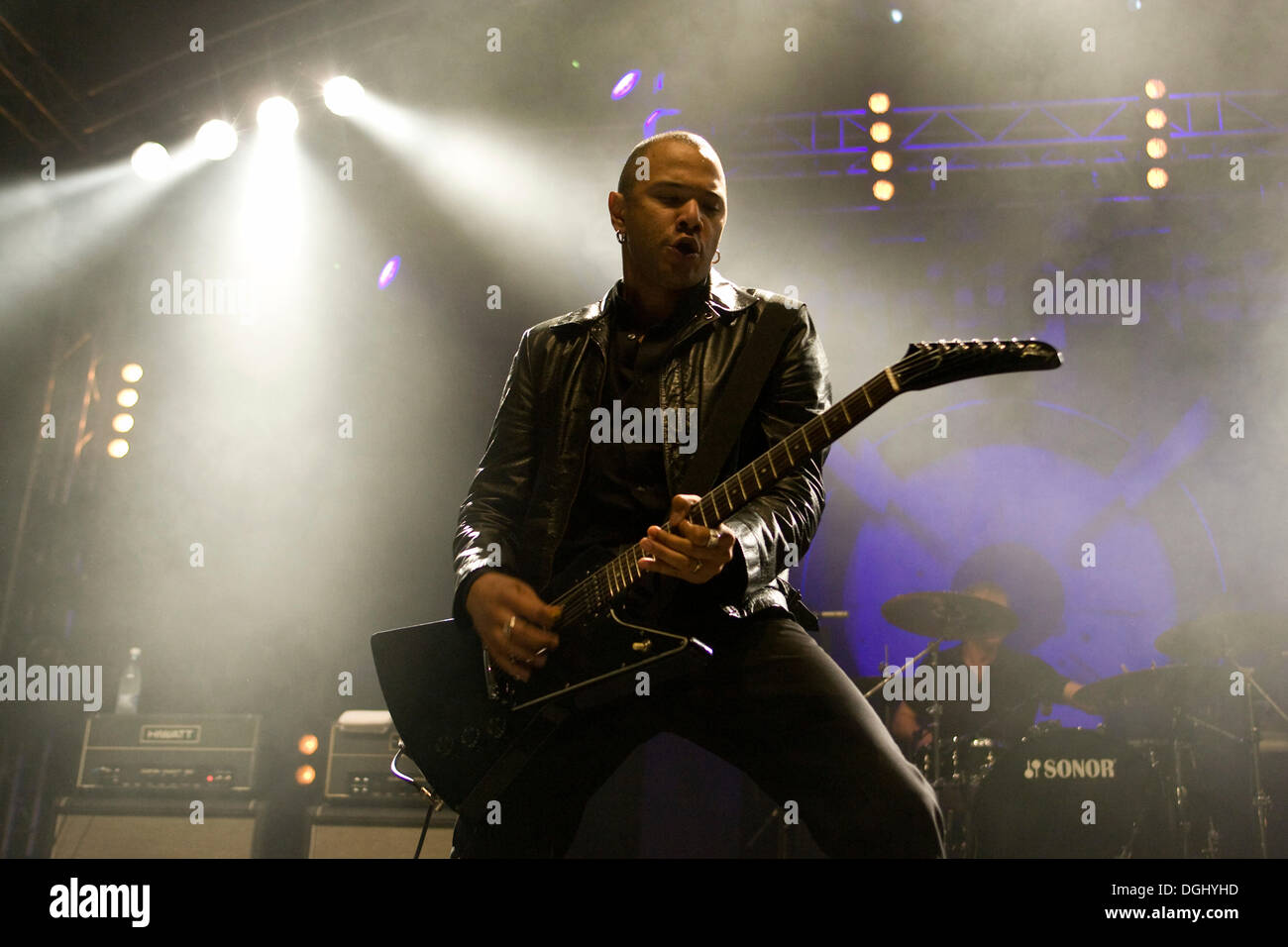 Danko Jones, member of the same-named Canadian garage-blues-rock band Danko Jones, live at the Heitere Open Air in Zofingen Stock Photo